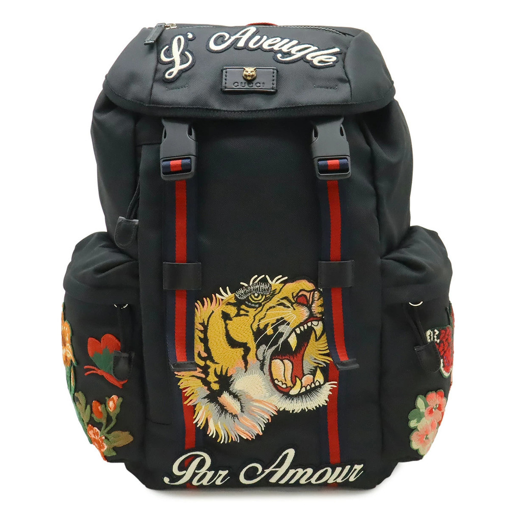 Gucci embroidered tiger web Sherry backpack black